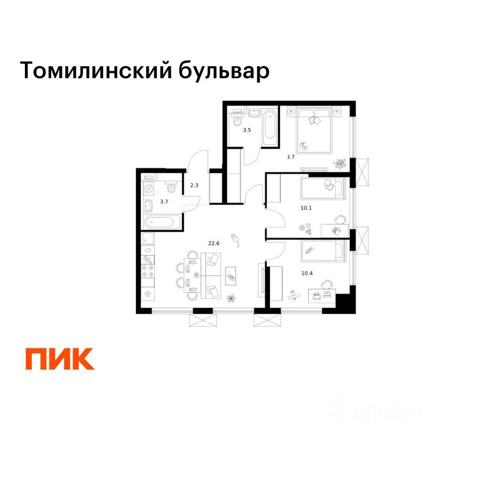 3-комн. квартира, 66,3 м², в ЖК Томилинский бульвар