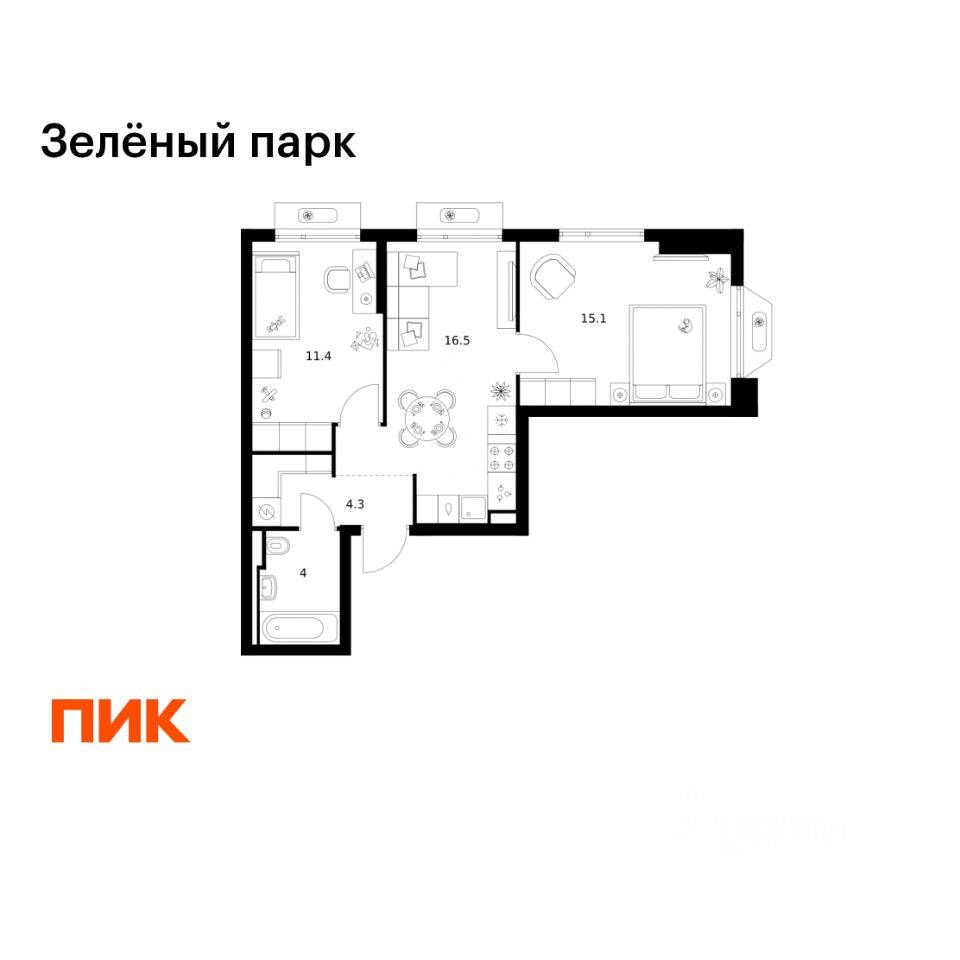 2-комн. квартира, 51,3 м², в ЖК Зеленый парк