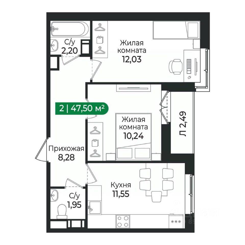 2-комн. квартира, 47,5 м², в ЖК Sertolovo Park