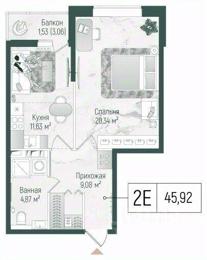 1-комн. квартира, 47,45 м², в ЖК Riga Hills