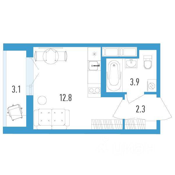 Планировка 1 комнатной квартиры, 20.6 м², в «Aerocity 4»