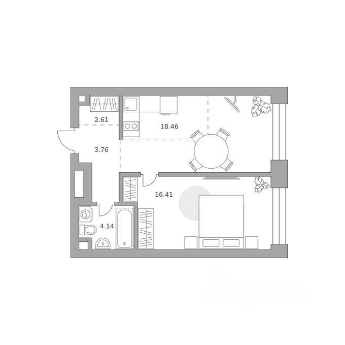Планировка 1 комнатной квартиры, 45.38 м², в «Павелецкая от Гранель»