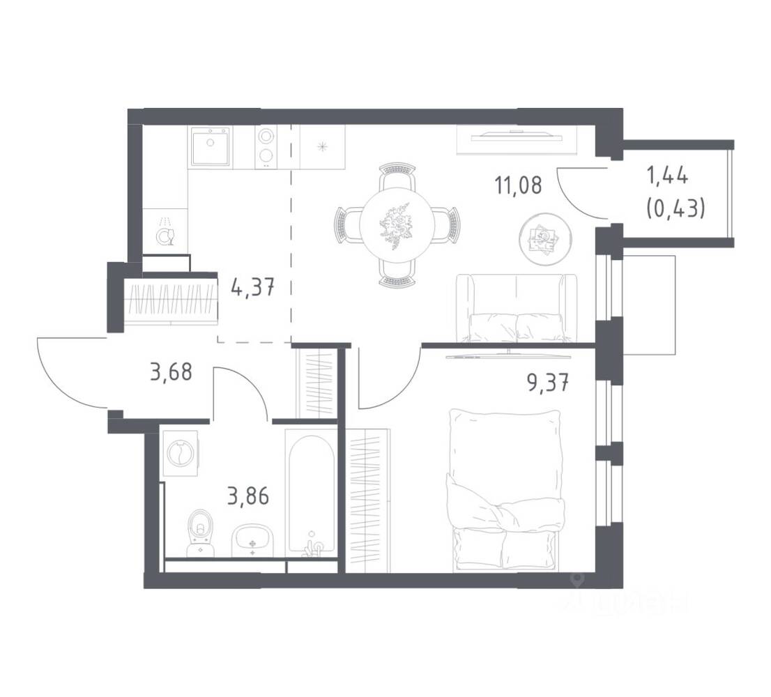 1-комн. квартира, 32,79 м², в ЖК Мытищи Парк