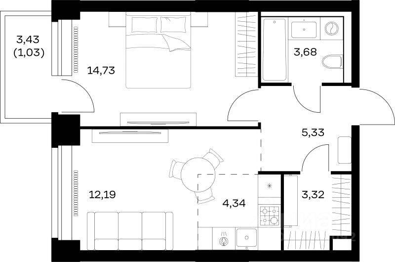 1-комн. квартира, 44,62 м², в ЖК Nova