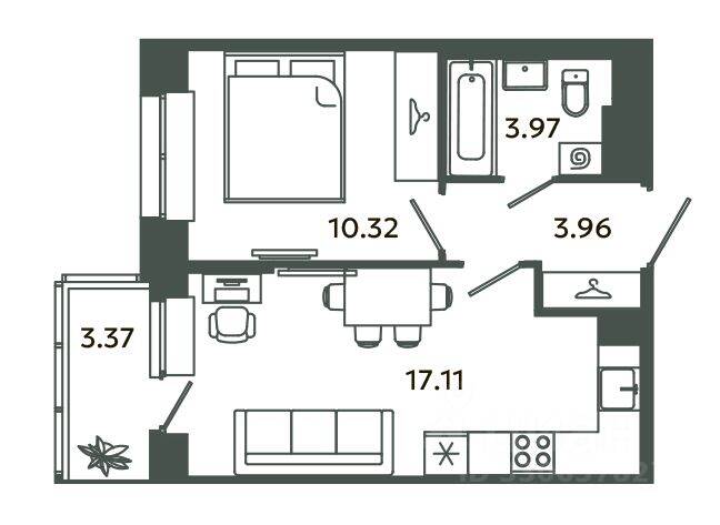 1-комн. квартира, 35,36 м², в ЖК Загляденье