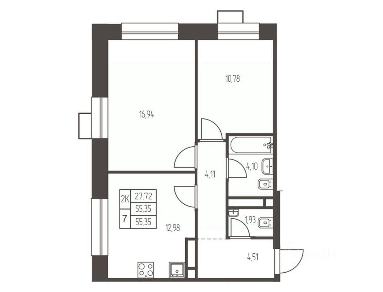 2-комн. квартира, 55,4 м², в ЖК Новая Ивантеевка