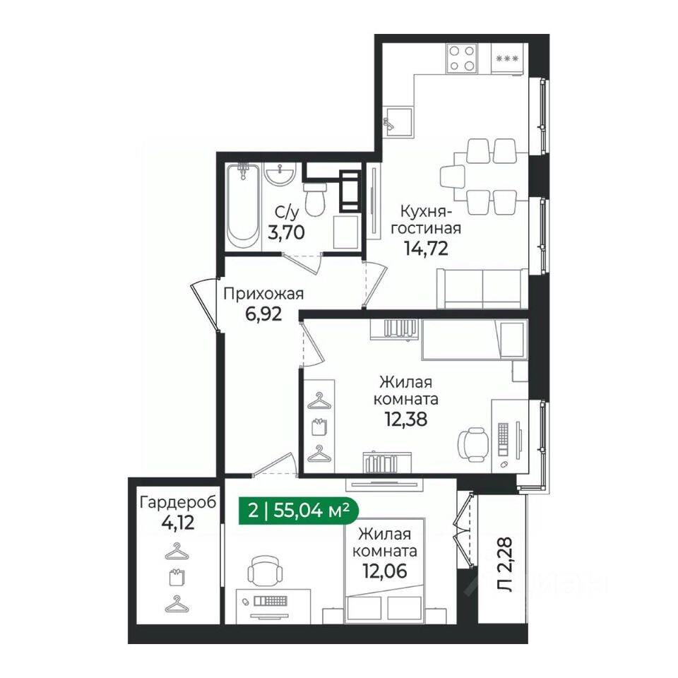 2-комн. квартира, 55,04 м², в ЖК Sertolovo Park