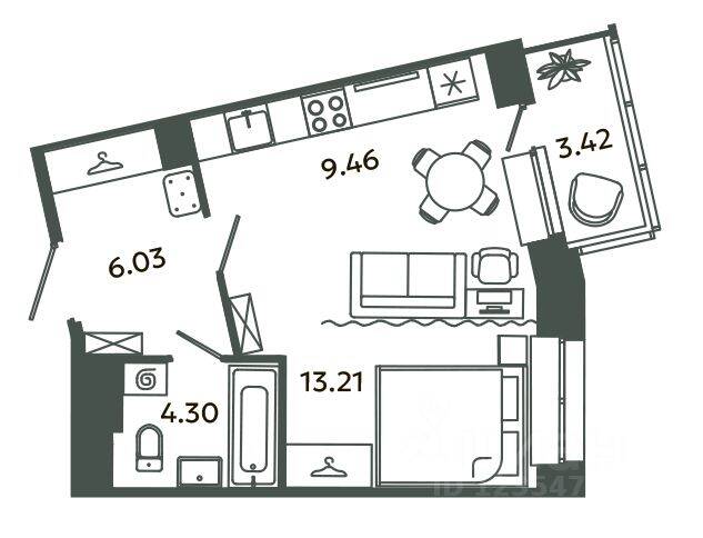 Квартира-студия, 34,03 м², в ЖК Загляденье