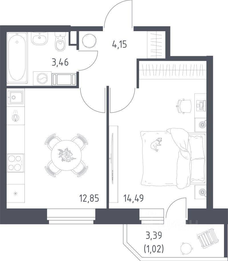1-комн. квартира, 35,97 м², в ЖК «Живи! В Рыбацком»
