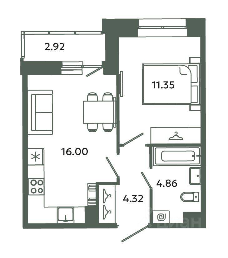 1-комн. квартира, 36,53 м², в ЖК Загляденье