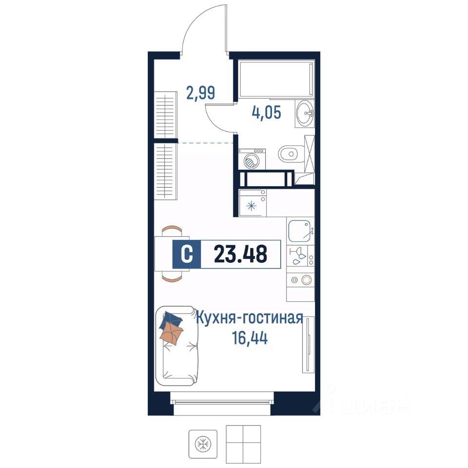 Квартира-студия, 23,48 м², в ЖК Максималист
