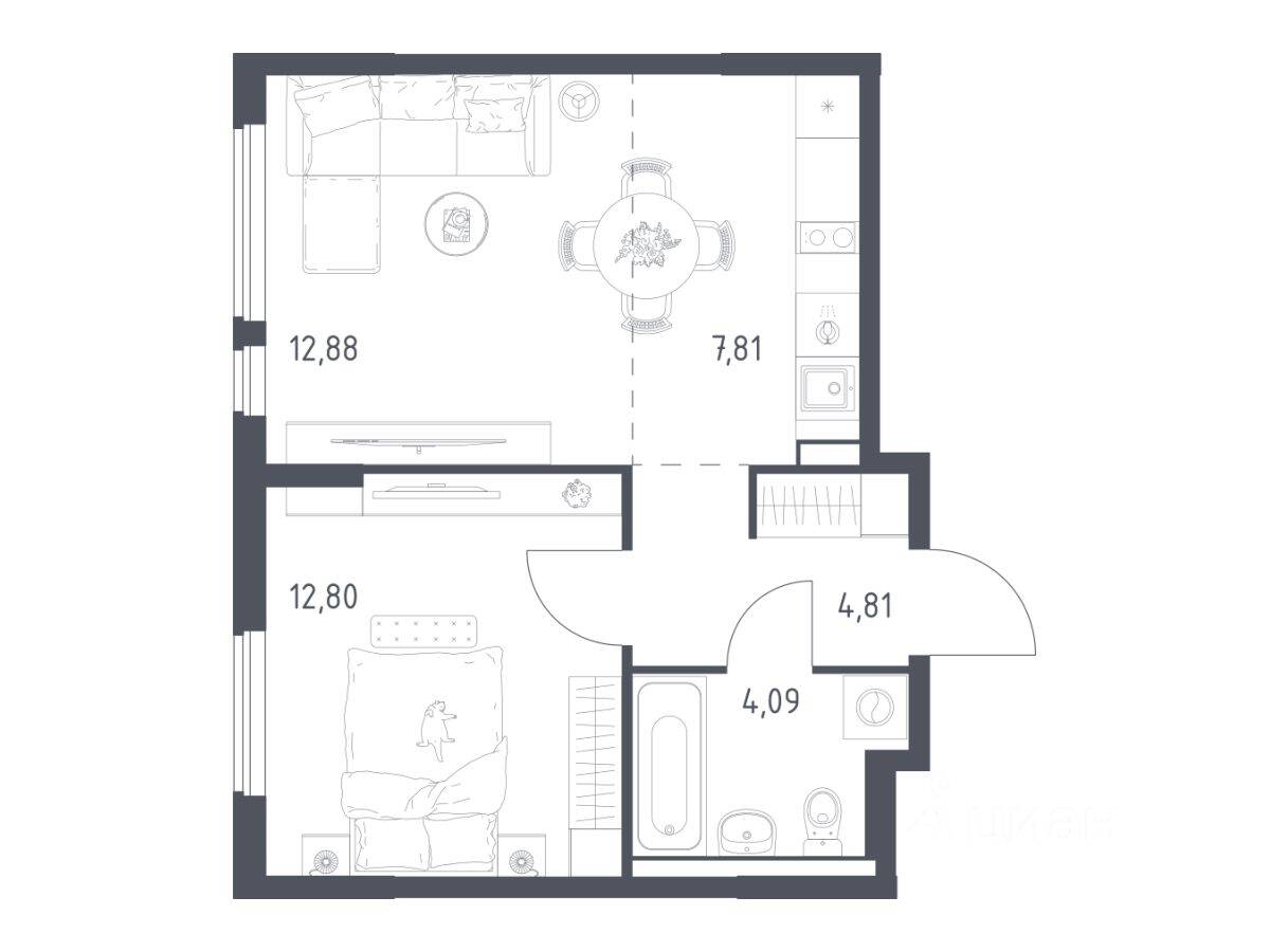 1-комн. квартира, 42,39 м², в ЖК Горки Парк