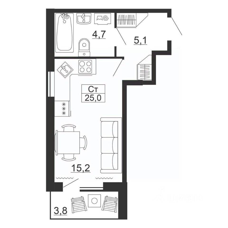 Квартира-студия, 25 м², в ЖК Рубеж