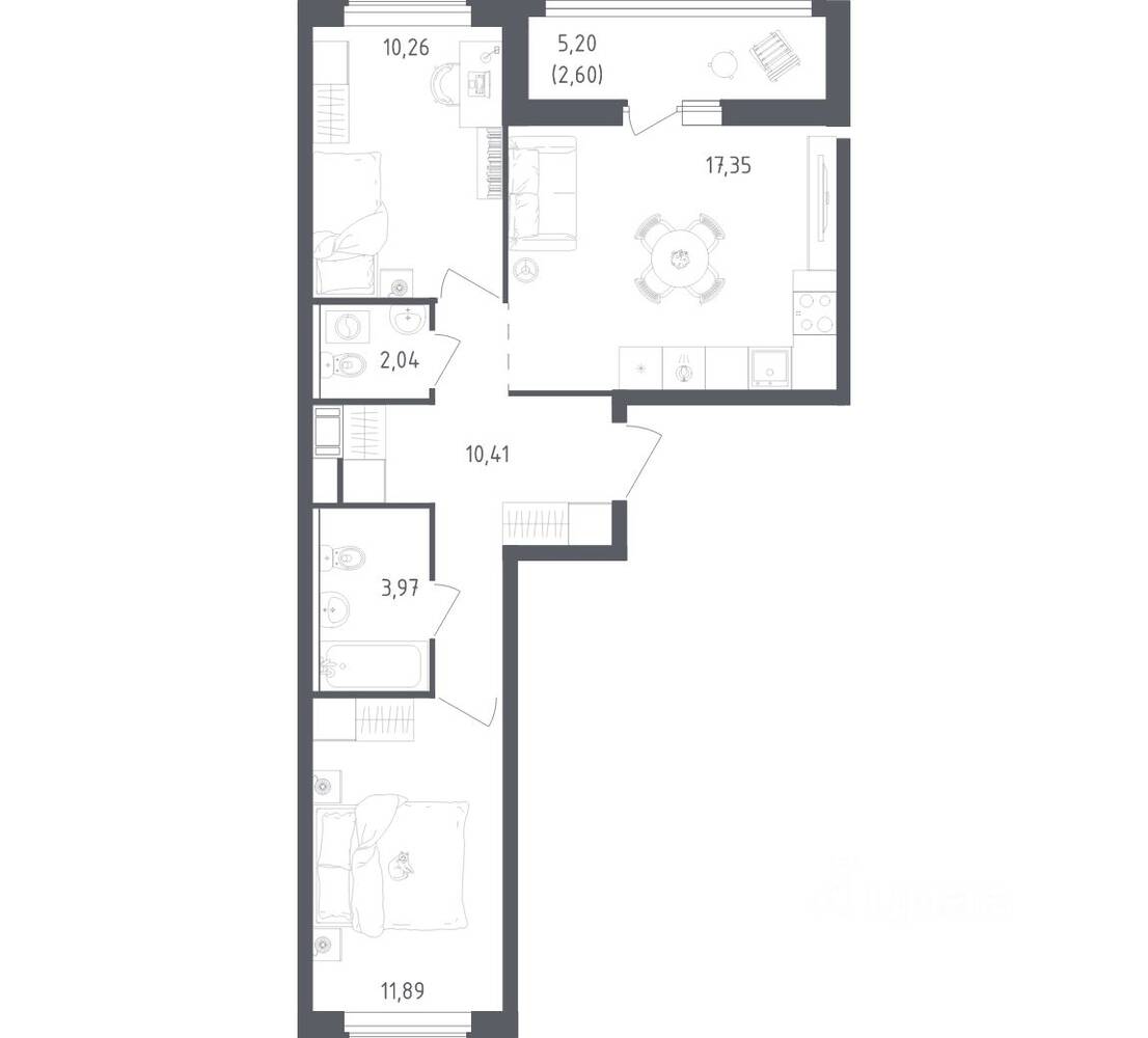 2-комн. квартира, 58,52 м², в ЖК Южная Нева