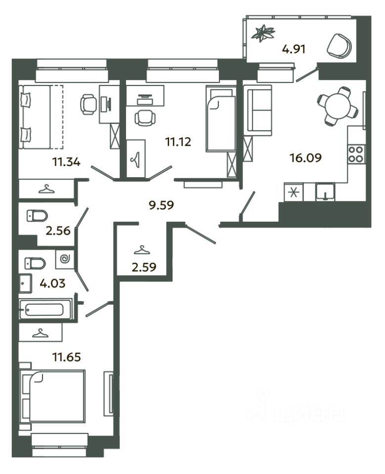 3-комн. квартира, 68,97 м², в ЖК Загляденье