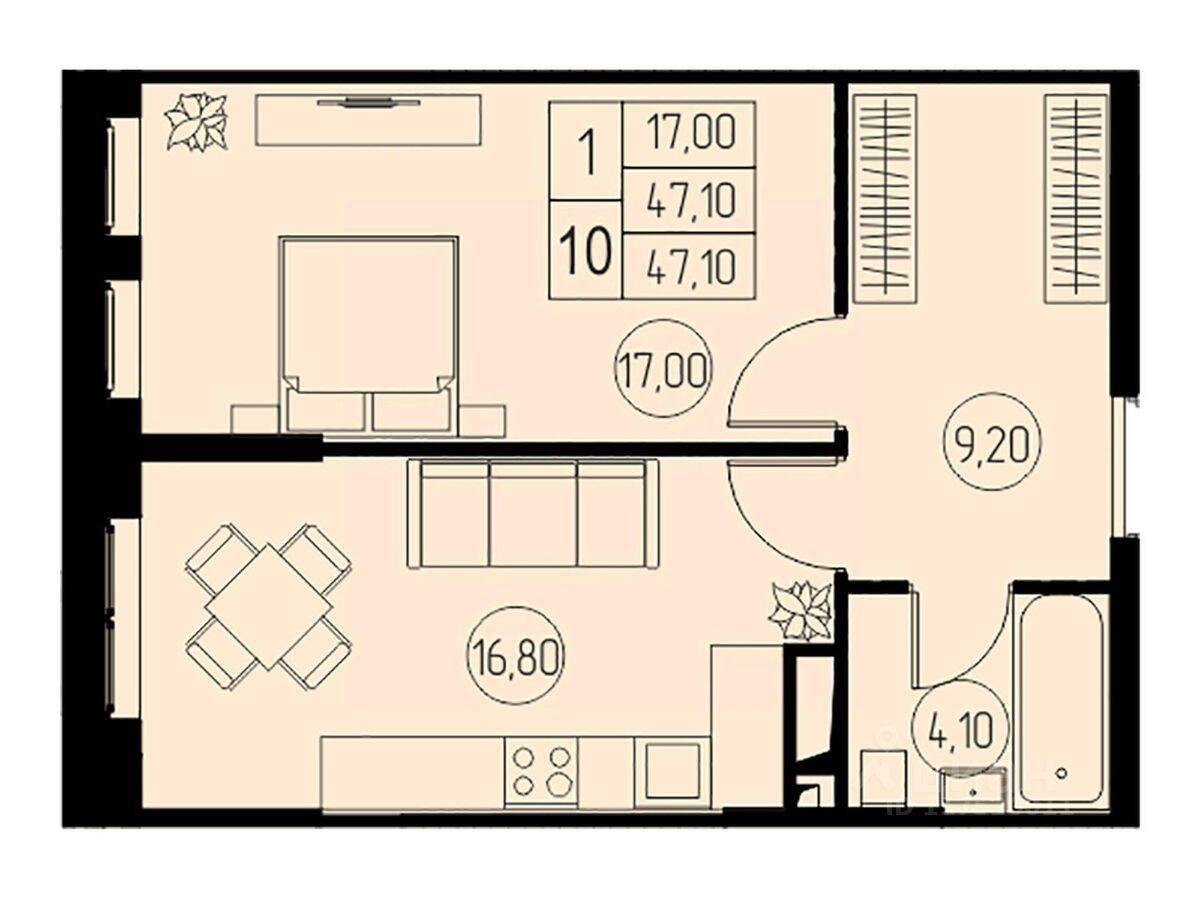 Планировка 1 комнатной квартиры, 47.1 м², в «31 квартал»