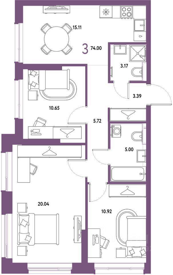 3-комн. квартира, 74 м², в ЖК Страна.Парковая