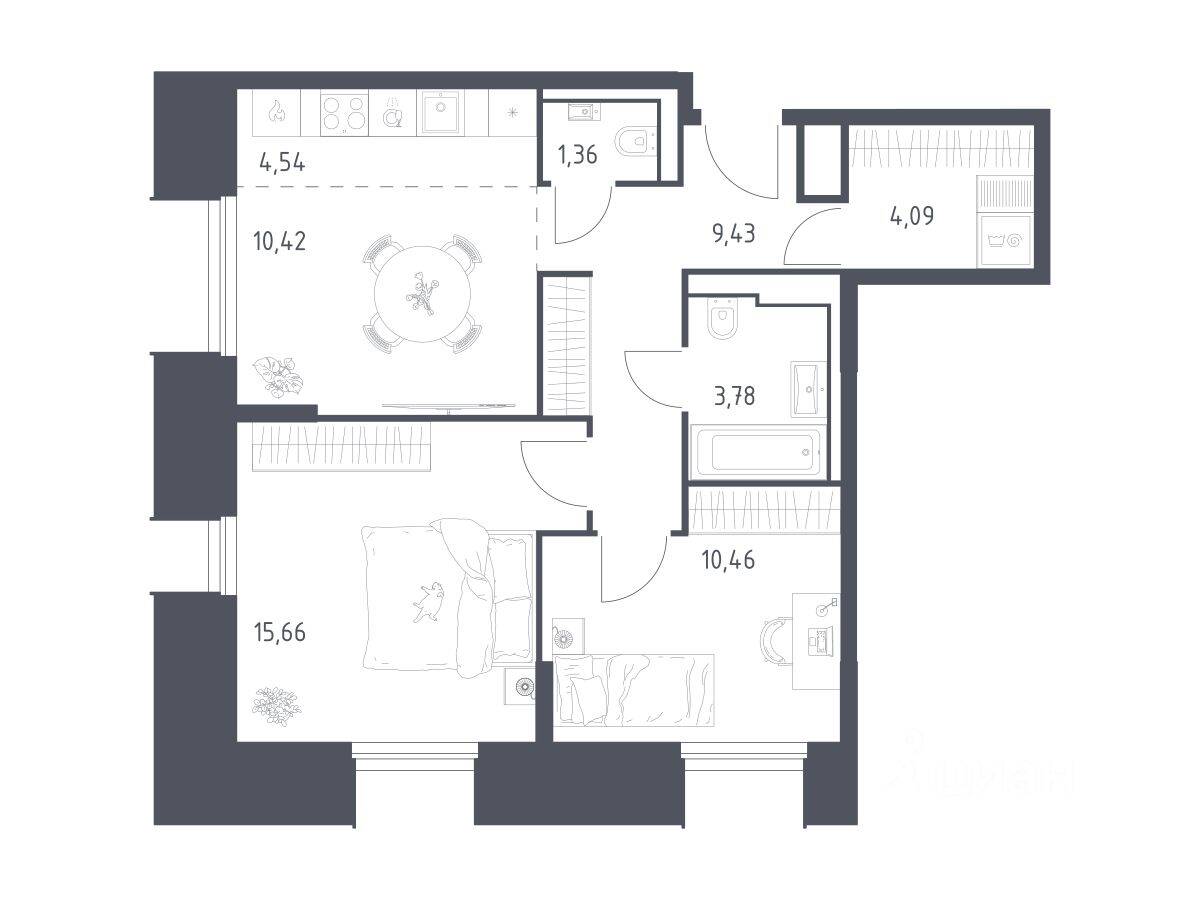 2-комн. квартира, 59,74 м², в Апарт-комплекс Sky Sputnik