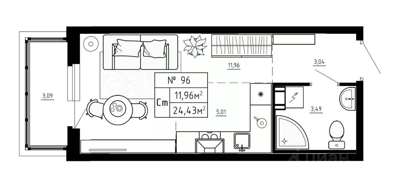 Планировка 1 комнатной квартиры, 24.43 м², в «Аннино Сити»