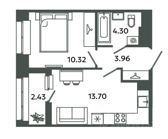 1-комн. квартира, 32,28 м², в ЖК Загляденье