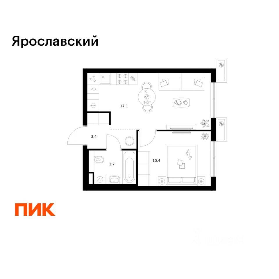 1-комн. квартира, 34,6 м², в ЖК «Ярославский»