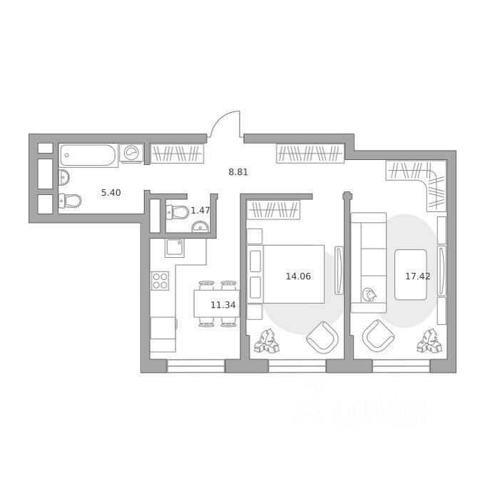 2-комн. квартира, 58,5 м², в Малоэтажный ЖК Живописный