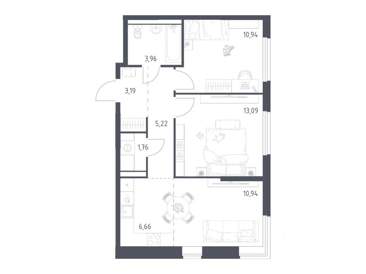2-комн. квартира, 55,76 м², в ЖК «Пригород Лесное»