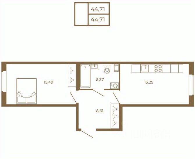 1-комн. квартира, 44,71 м², в Малоэтажный ЖК Новая история