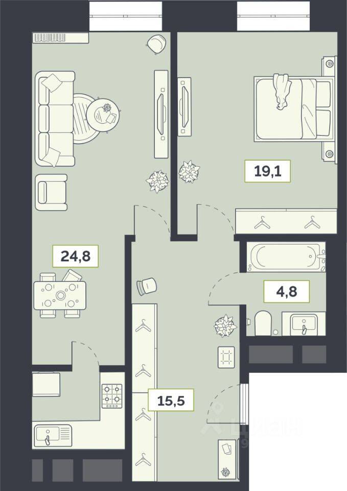 Планировка 2 комнатной квартиры, 68.9 м², в «Лайм»