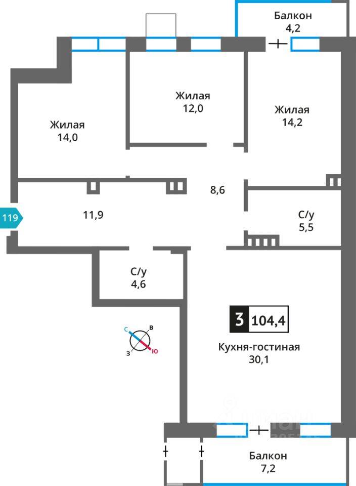 3-комн. квартира, 104,4 м², в ЖК Отрада на реке