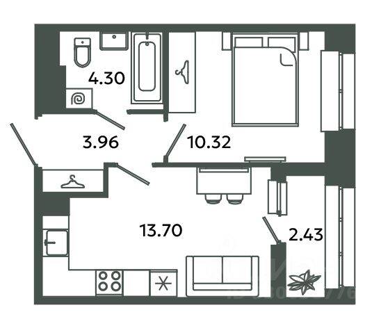 1-комн. квартира, 32,28 м², в ЖК Загляденье