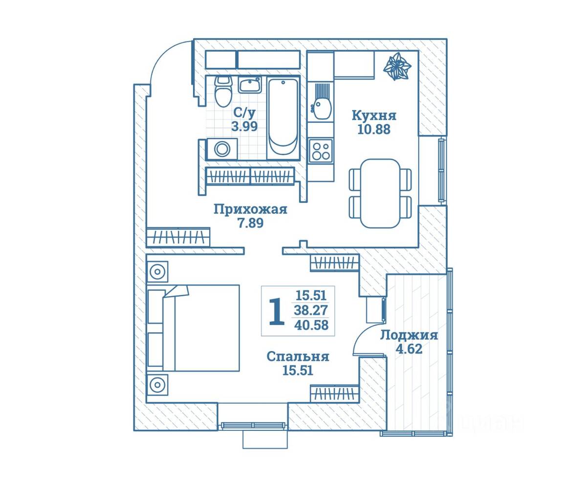 1-комн. квартира, 40,58 м², в ЖК Новоград Монино