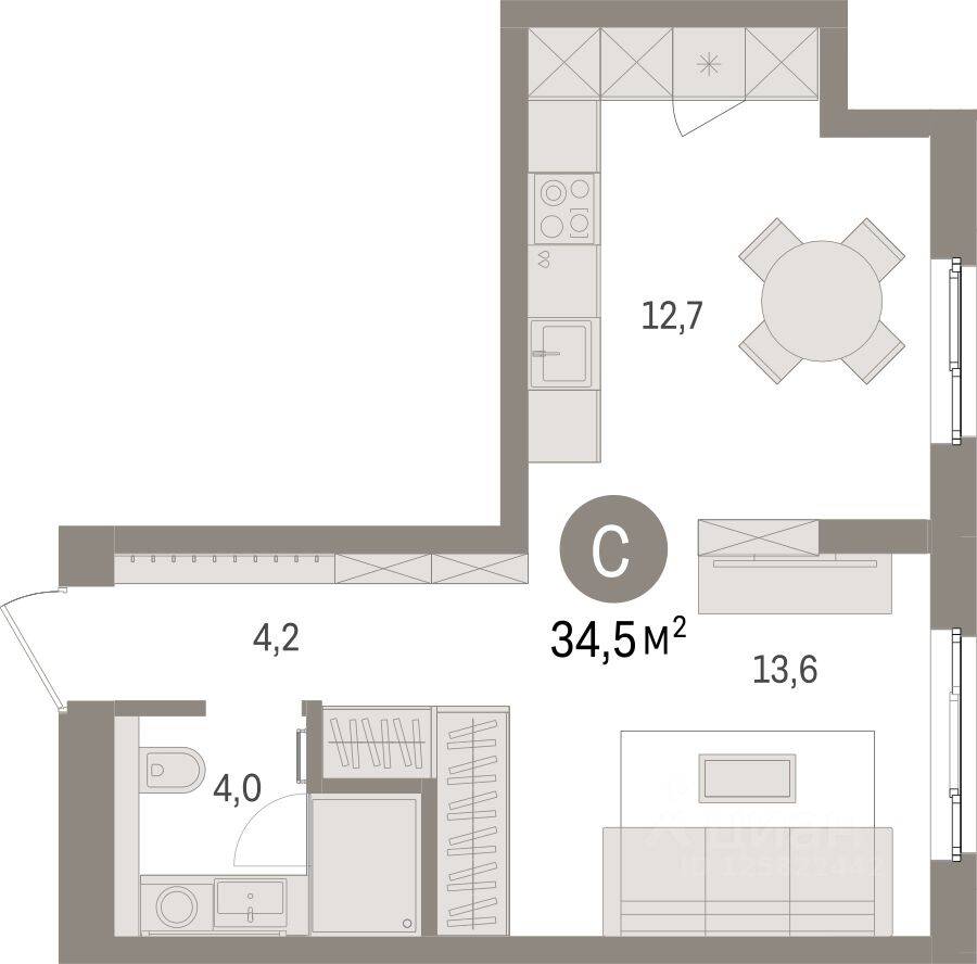 Квартира-студия, 34,56 м², в ЖК «Брусника в Новоселье»