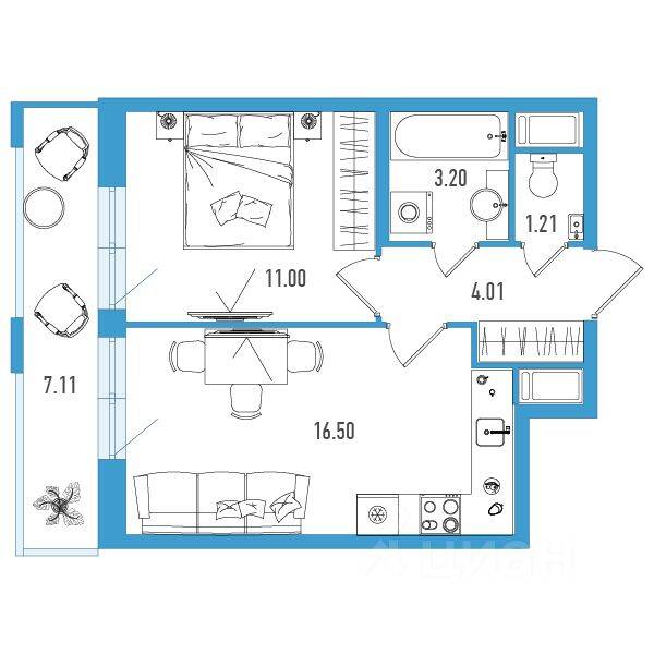 Планировка 1 комнатной квартиры, 38.05 м², в «Искра Сити»