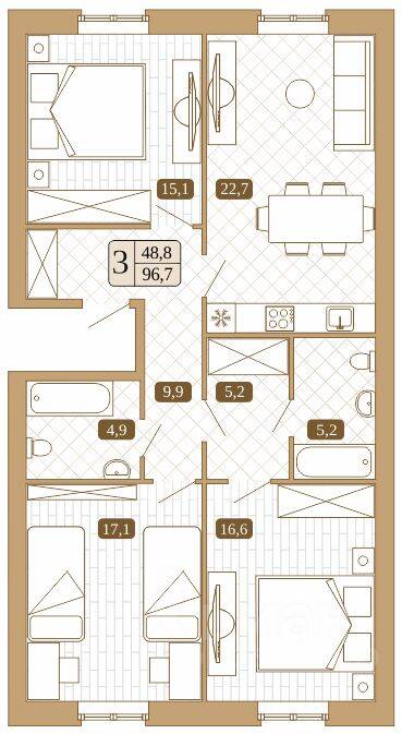 Планировка 3 комнатной квартиры, 96.7 м², в «Белый город (Сергиев Посад)»