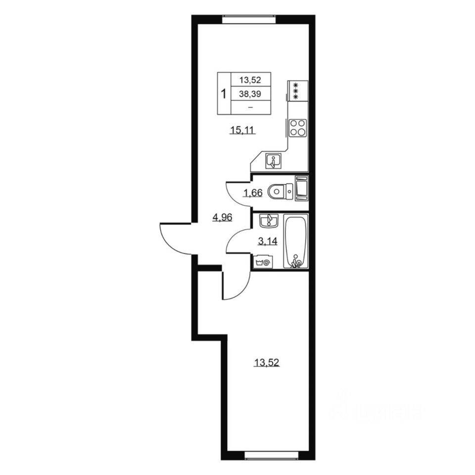 1-комн. квартира, 38,39 м², в ЖК Перспектива