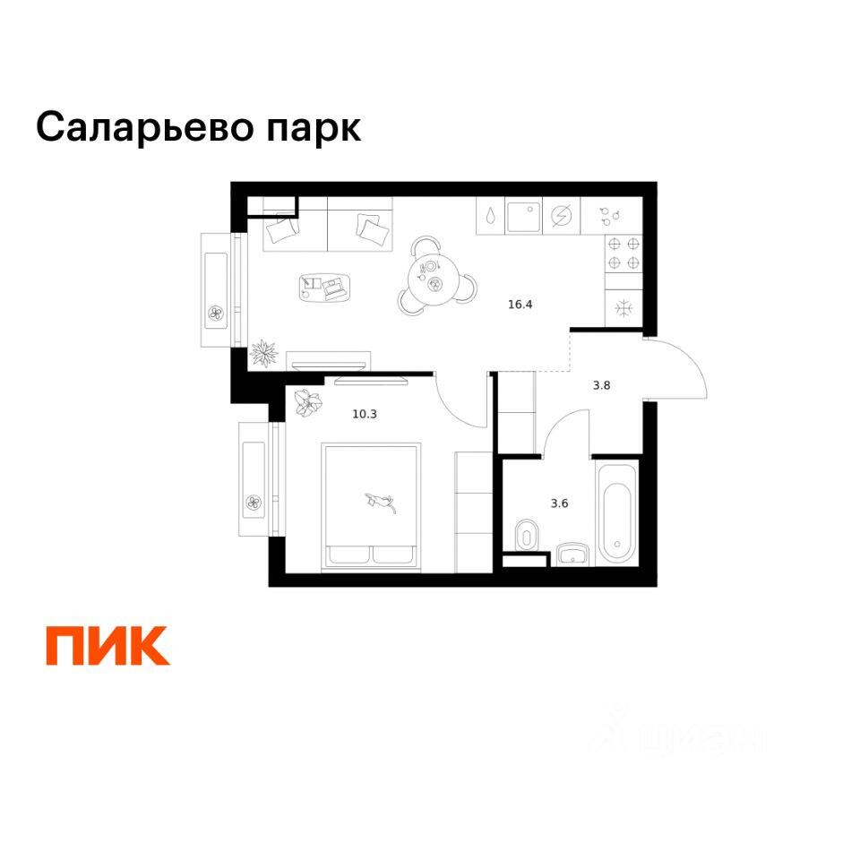 1-комн. квартира, 34,1 м², в ЖК «Саларьево парк»