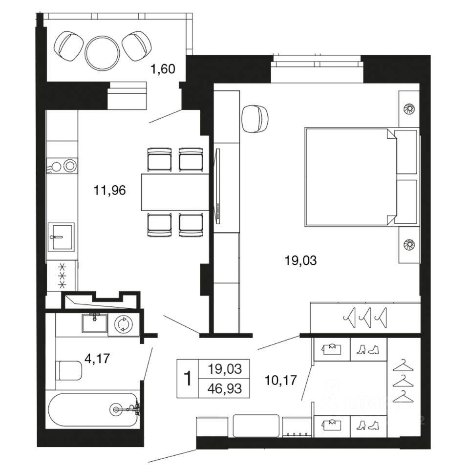 1-комн. квартира, 46,9 м², в ЖК «Времена года»