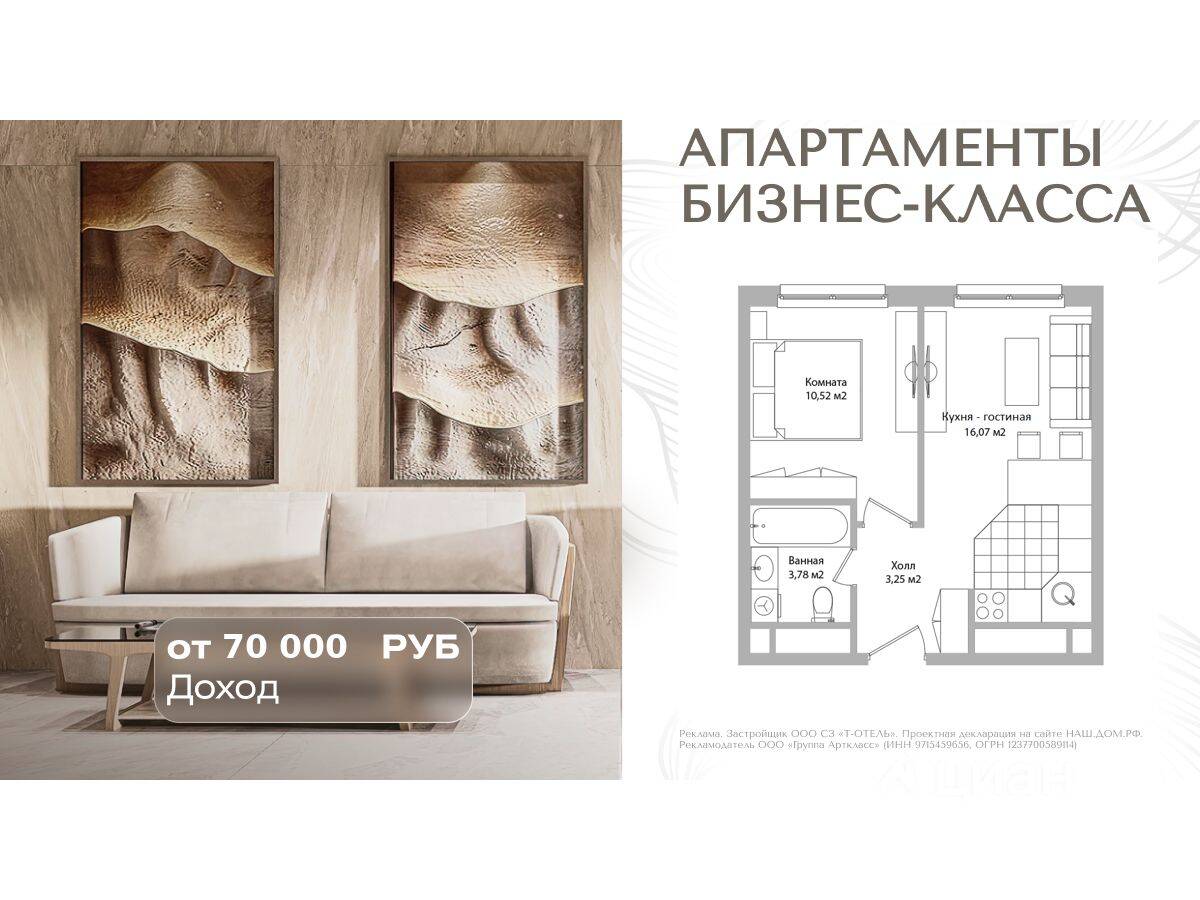 Планировка 2 комнатной квартиры, 33.6 м², в «Инвест-отель Адрес»