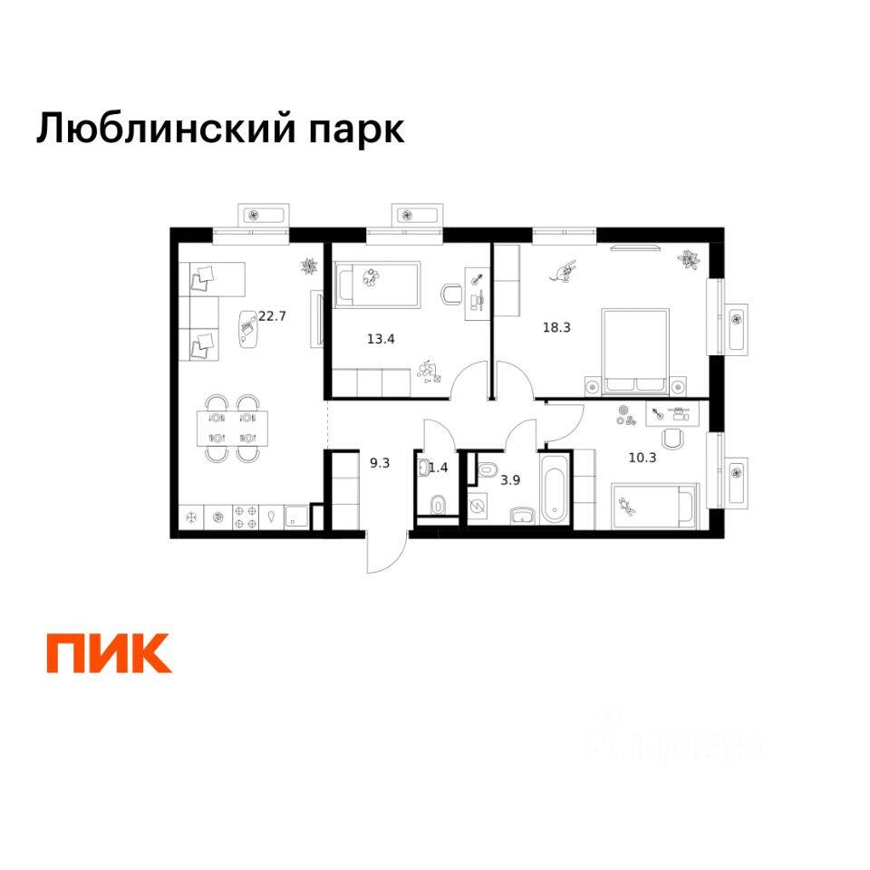 3-комн. квартира, 79,3 м², в ЖК «Люблинский парк»