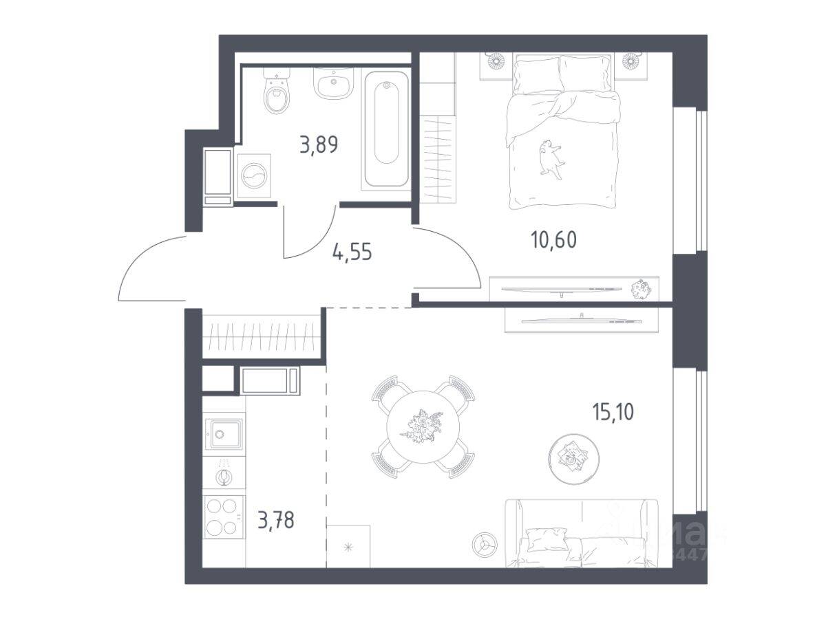 1-комн. квартира, 37,8 м², в ЖК Томилино Парк