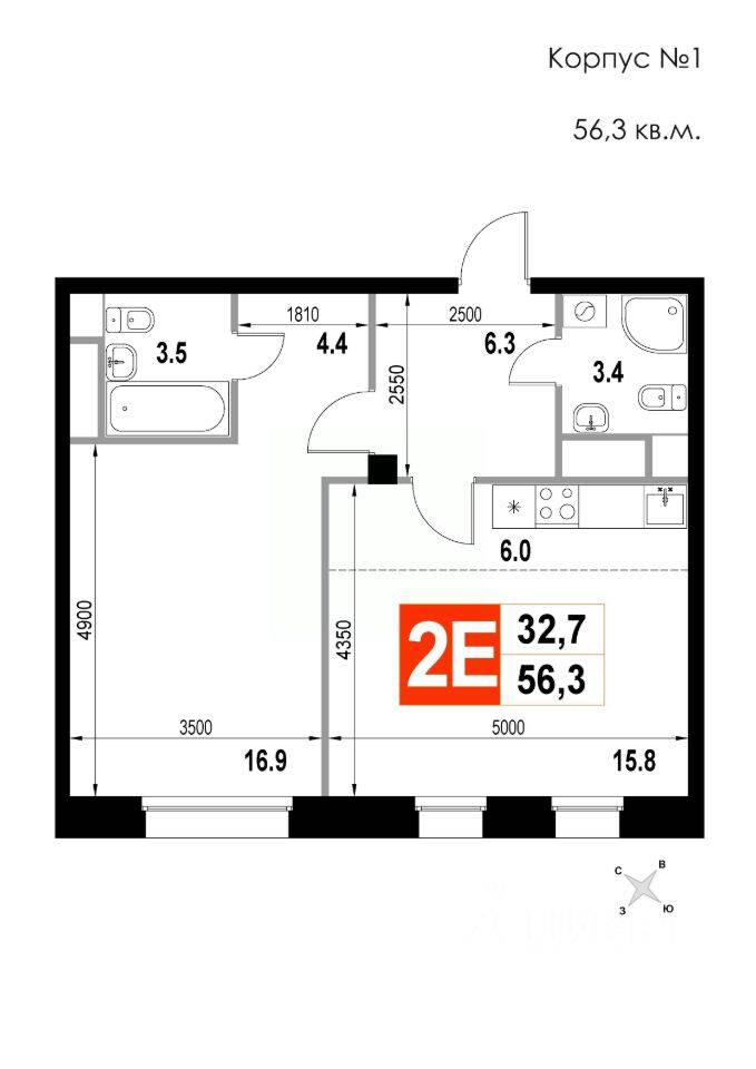 2-комн. квартира, 56,3 м², в ЖК Мытищи-Сити
