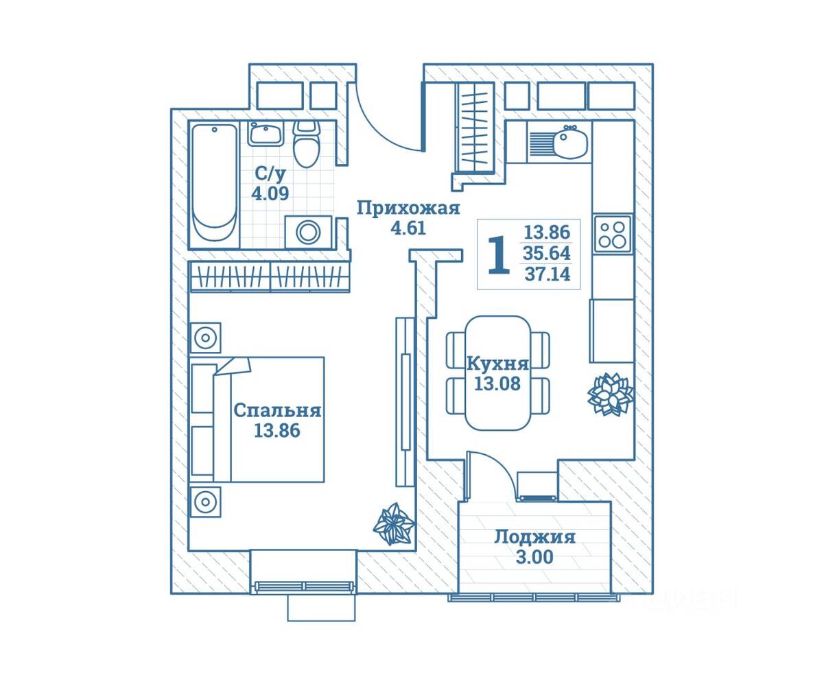 1-комн. квартира, 37,14 м², в ЖК Новоград Монино