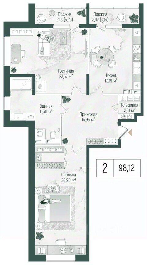 2-комн. квартира, 102,32 м², в ЖК Riga Hills