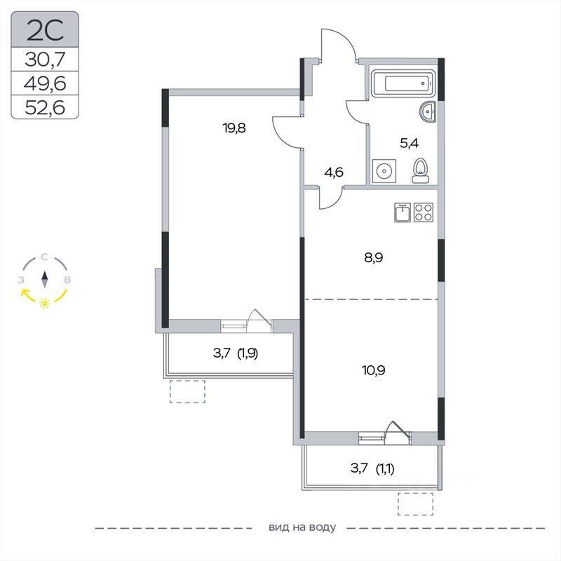 2-комн. квартира, 52,6 м², в ЖК «Пироговская Ривьера»