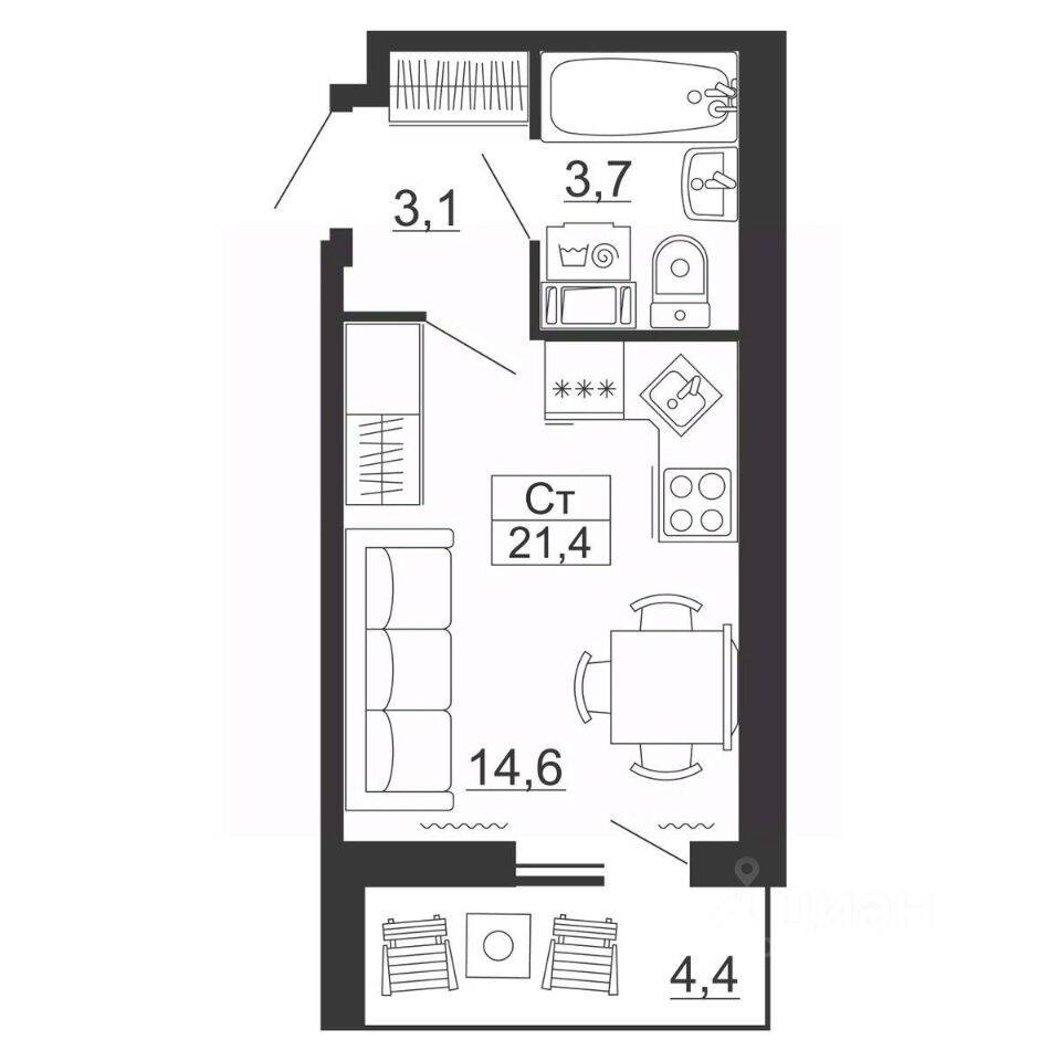 Планировка 1 комнатной квартиры, 21.4 м², в «Рубеж»