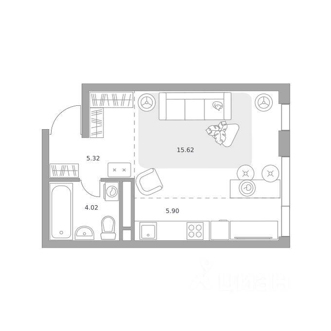 Планировка 1 комнатной квартиры, 30.86 м², в «Нижегородская от Гранель»
