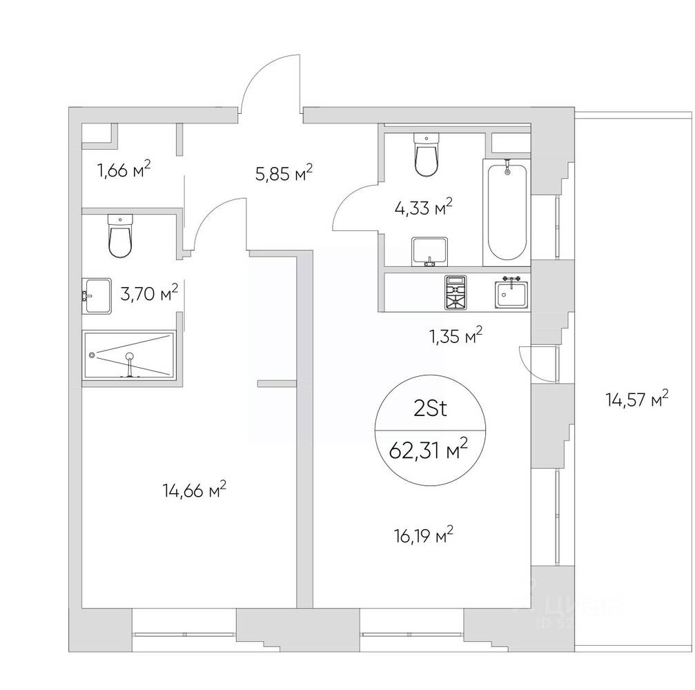 2-комн. квартира, 62,4 м², в Апарт-комплекс N'ice loft