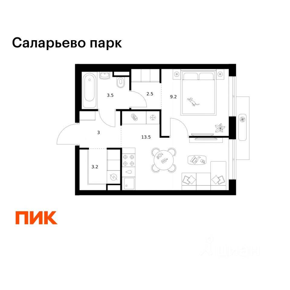 1-комн. квартира, 34,9 м², в ЖК «Саларьево парк»