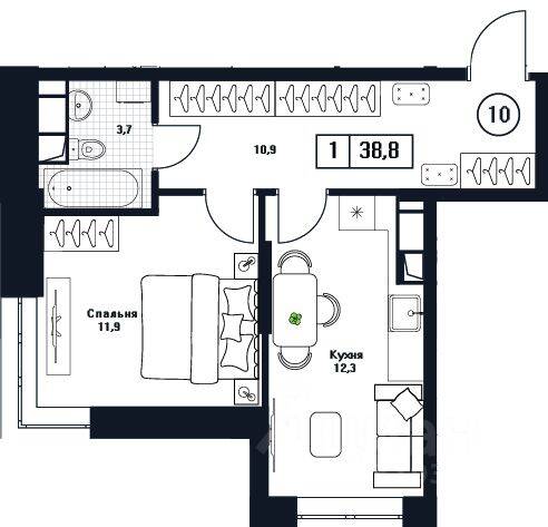 1-комн. квартира, 38,8 м², в ЖК Пушкино Град